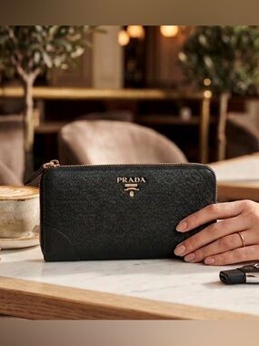 PRADA Black Saffiano Vitello Move Leather Zip Around Wallet Gold Hardware Clean